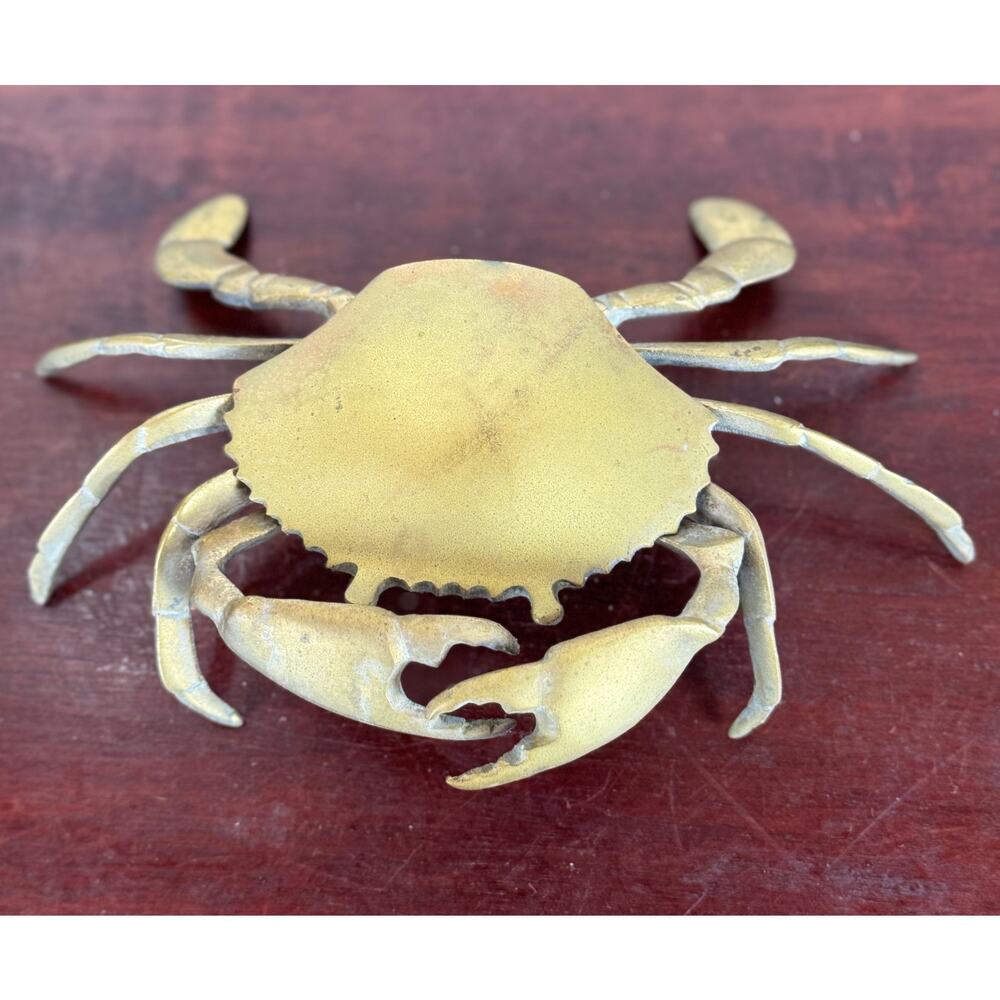 Solid Brass Crab Trinket Box 1980s Coastal Hinged Lid